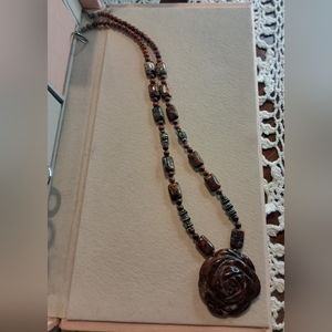 Artisan Beaded And Carved Large Jasper Stone Rose Necklace Brown Bohemian 20"L